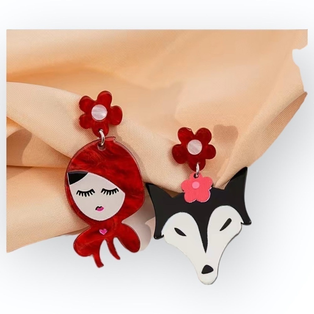 Acrylic Resin Little Red Riding Hood Asymmetrical Earrings Art to Wear Boho